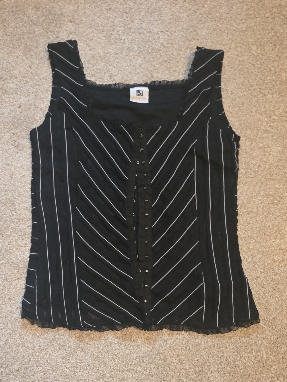 Newport Black Camisole with White Pinstripes and Hook-and-Eye Front